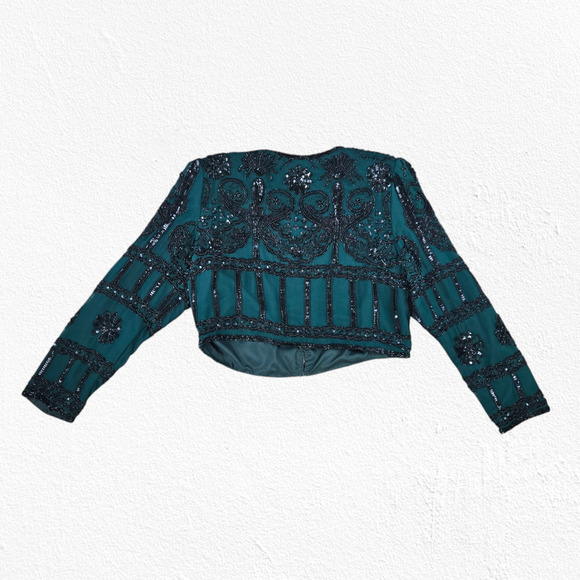 80s Vintage Green Black Silk Beaded Sequin Cropped Designer Jacket Size Large - Picture 9 of 9